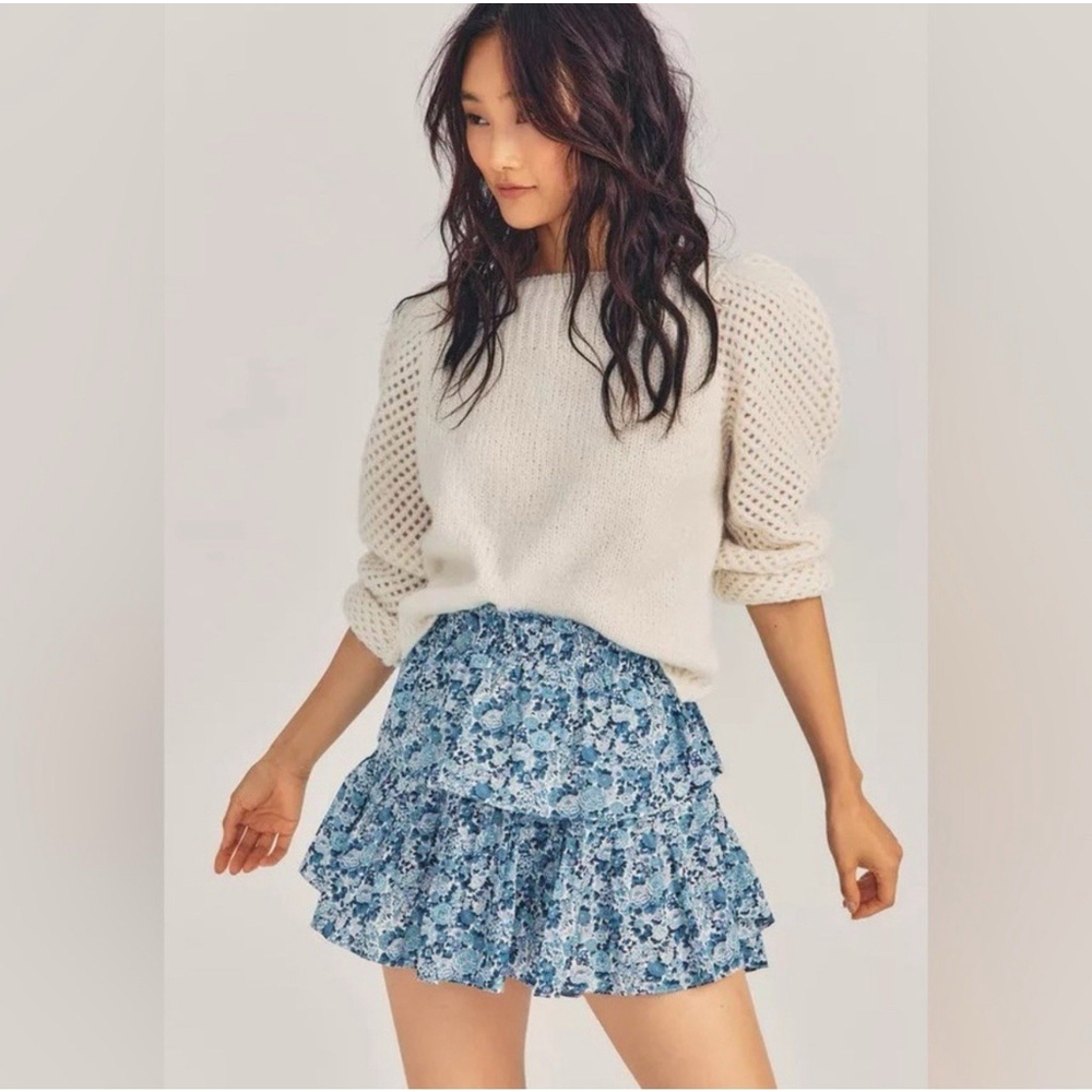 LoveShackFancy x Liberty XS (P) Tiered Blue Floral Ruffle Mini Skirt Cotton EUC